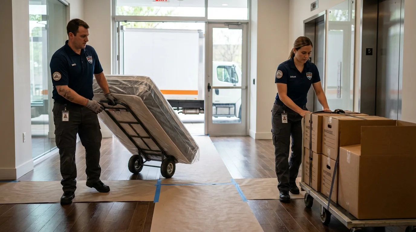 Professional apartment movers loading elevator in Potsdam, NY