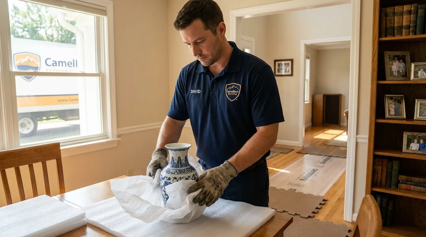 Professional crew carefully wrapping antique vase for senior downsizing move in Potsdam, NY