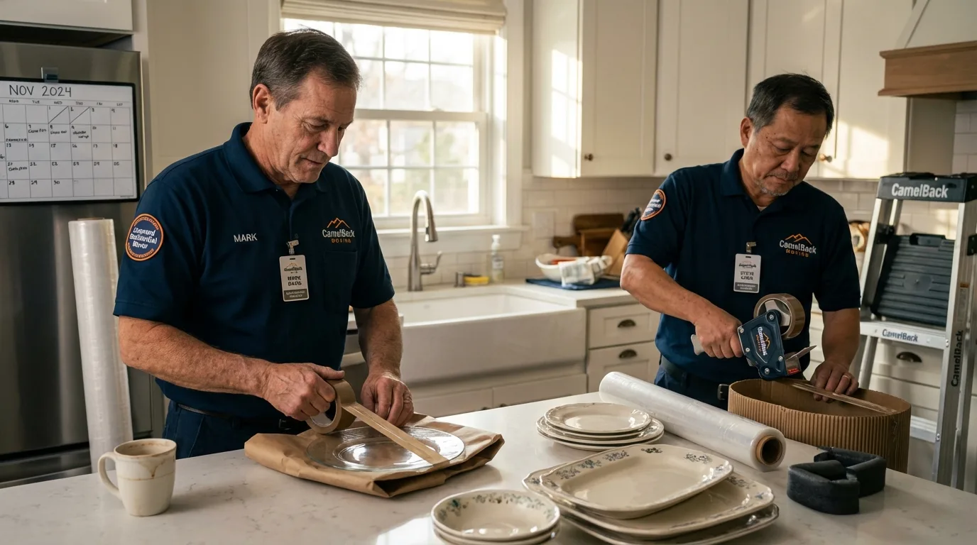 Professional crew packing kitchen dishware in Potsdam, NY